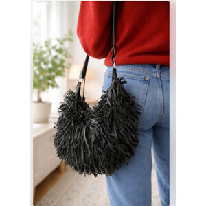 Very Oversized Handcrafted Leather Fringe Hobo Bag XL Boho Western Black Unused